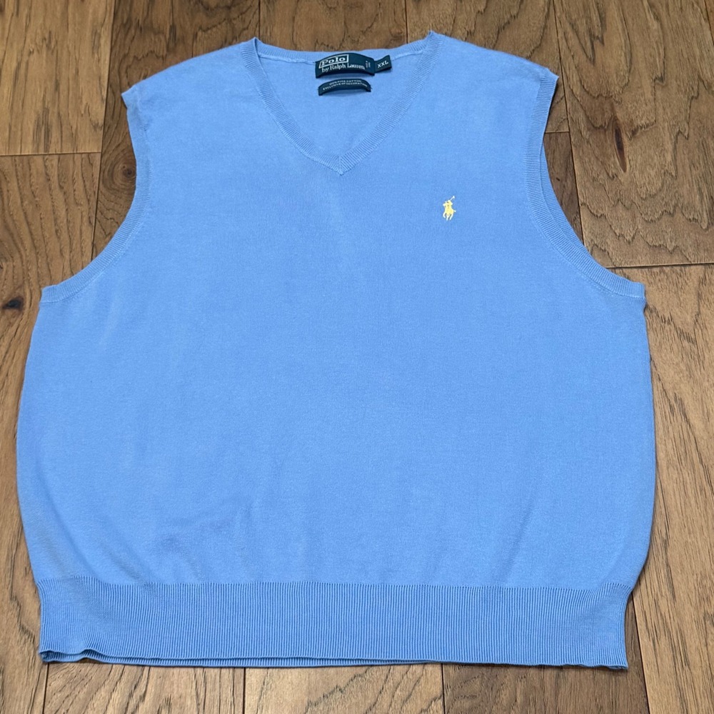 Polo Ralph Lauren Mens XXL Blue Pima Cotton V-Neck Sweater Vest Yellow Pony